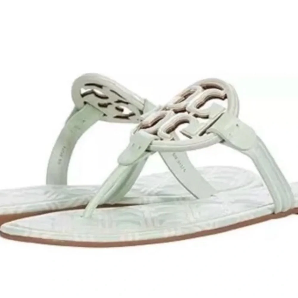 NEW TORY BURCH METAL MILLER SANDAL LEATHER/NEW IVORY MEADOW MIST SIZE 9 Shoes